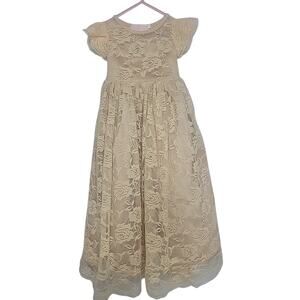 Think Pink Bows Toddler Size 3 Baby Doll Dress Long Cream/ Beige Lace  NEW